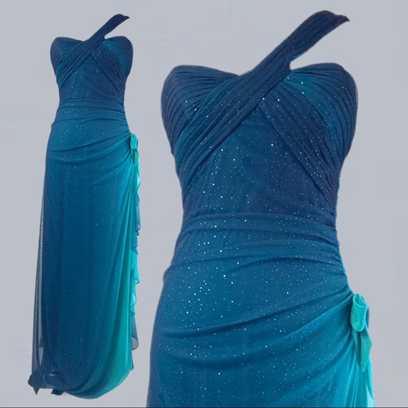 Shimmery Teal Ruched Gown - Picture 2 of 6